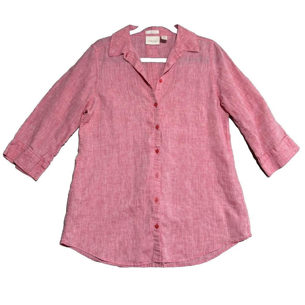 Chico's Linen Button-Up Shirt Size 0 US (4/6) Pink No Iron Lightweight Coastal